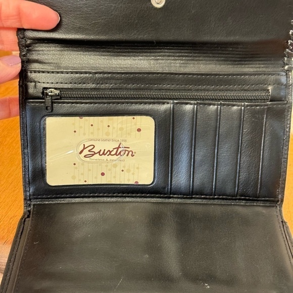 Buxton Genuine Leather Fold Over Wallet Black With Hasi Hato Japanese Snap - Picture 6 of 8